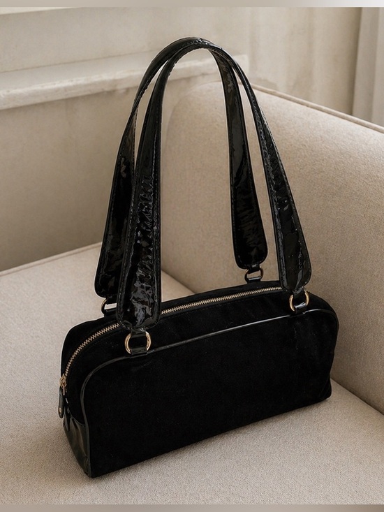 Moschino Handbags - Moschino Black Velvet Embossed Apples With Patent Leather Straps Bag